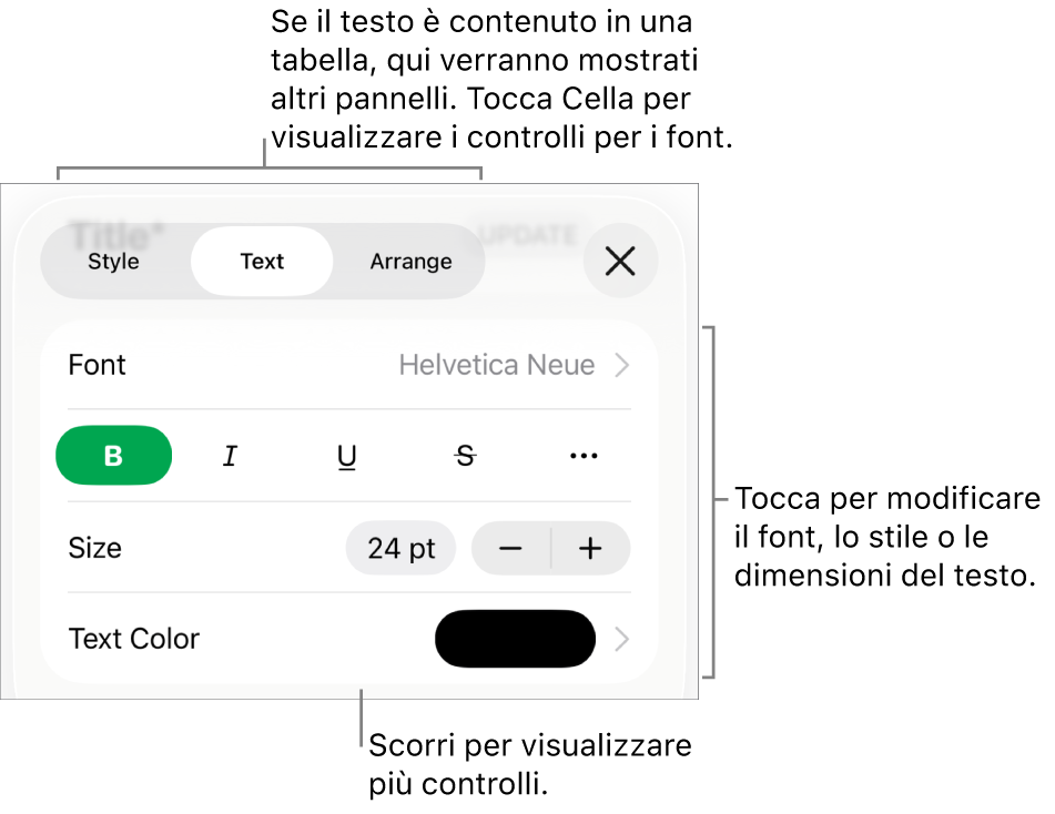 Controlli di testo nel menu Formattazione per impostare stili di carattere e paragrafo, font, dimensione e colore.