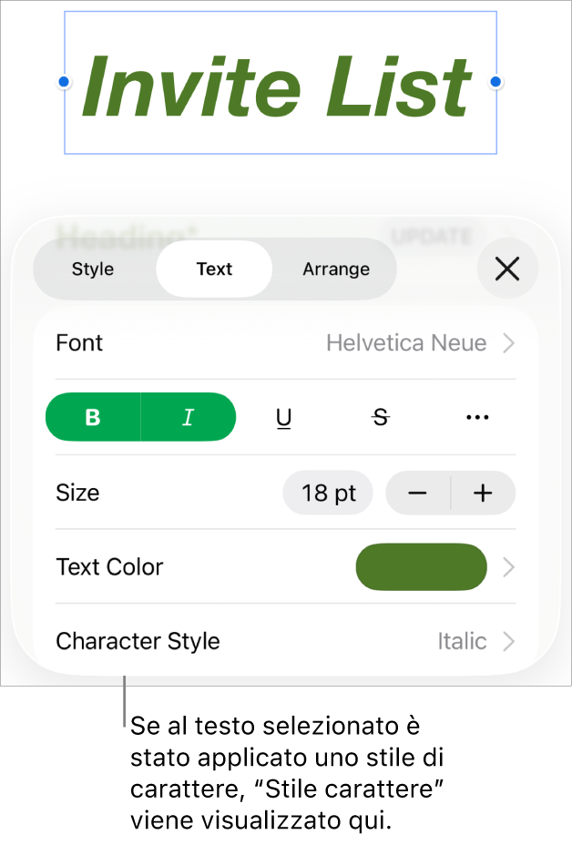 Controlli di Formato con “Stile carattere” sotto i controlli di Colore. Stile carattere Nessuno compare con un asterisco.