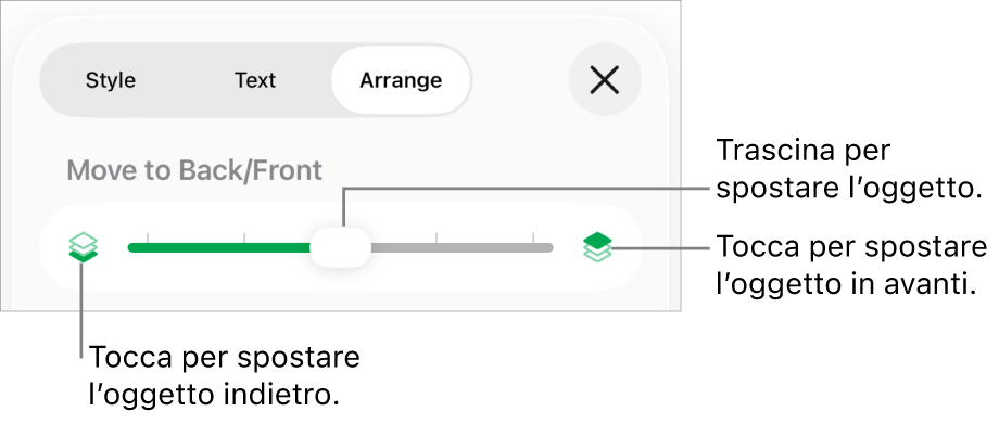 Pulsante sposta indietro, pulsante sposta avanti e cursore livelli.