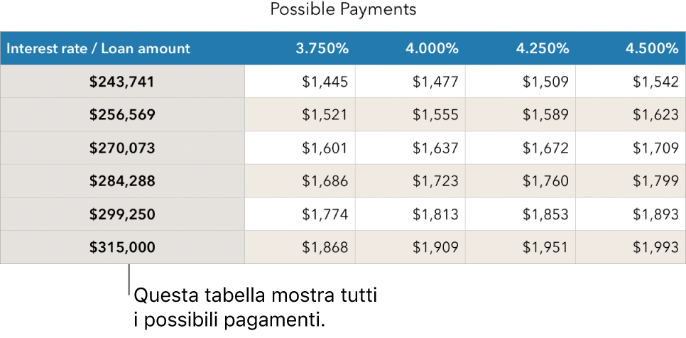 Tabella di un mutuo prima dell’applicazione del filtro per i tassi di interesse accessibili.