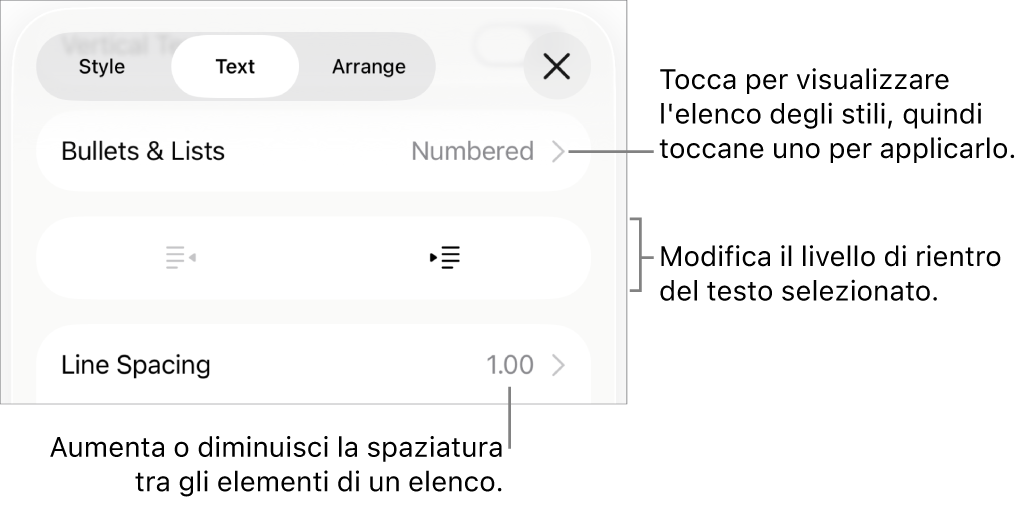 La sezione “Elenchi puntati” dei controlli di Formato, con didascalie per “Elenchi puntati”, i pulsanti per aumentare e ridurre il rientro e i controlli di “Spaziatura linea”.