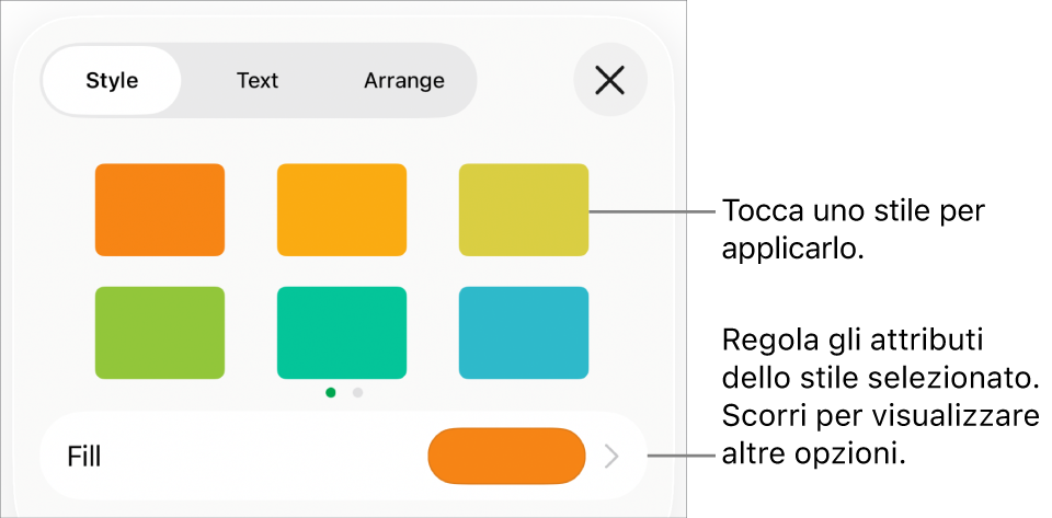 Pannello Stile del menu Formato con gli stili di forma in alto e una rotella sottostante per il riempimento del colore.