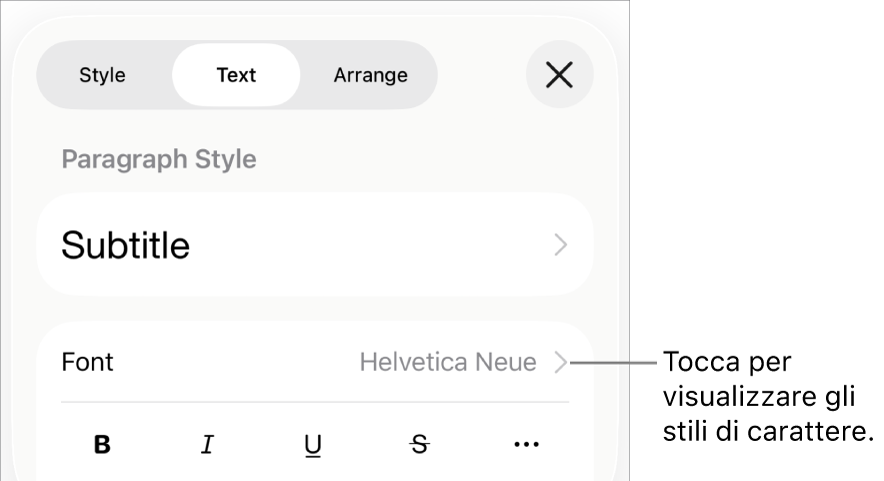 I controlli Formato con gli stili di paragrafo nella parte superiore, quindi i controlli Font. Sotto Font sono presenti i pulsanti Grassetto, Corsivo, Sottolineato, Barrato e “Altre opzioni di testo”.