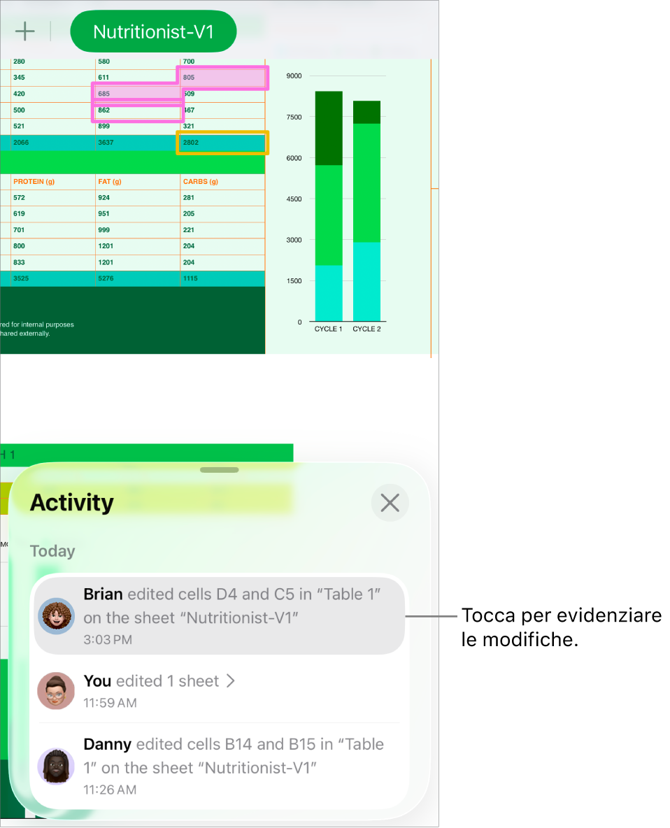 Un foglio di calcolo condiviso con il menu Collaborazione e l’elenco delle attività aperti.
