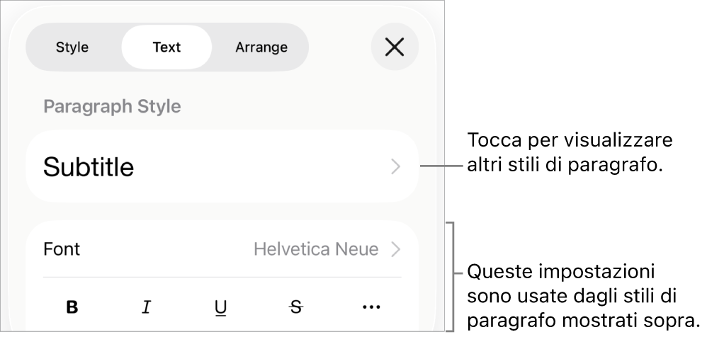 Menu Formato con controlli di testo per impostare stili carattere e paragrafo, font, dimensione e colore.