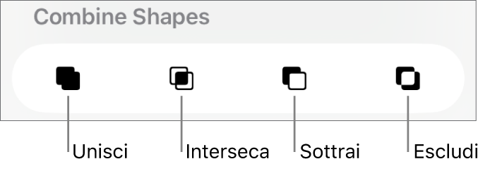 Pulsanti Unisci, Interseca, Sottrai ed Escludi in “Combina forme”.