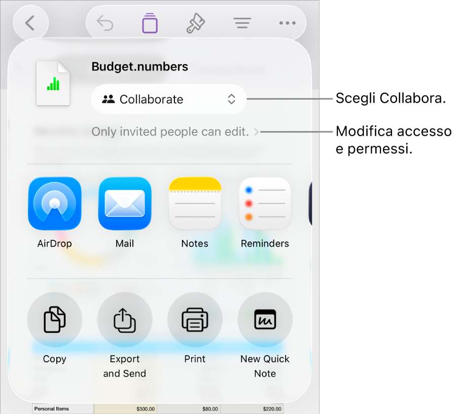 Il menu di condivisone con l’opzione Collabora selezionata in alto e le impostazioni di accesso e dei permessi sotto.