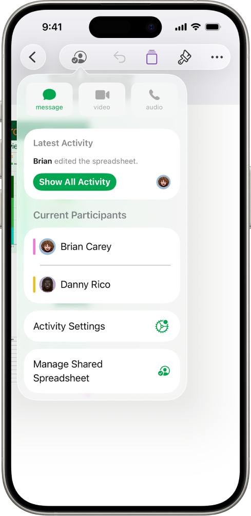Il menu Collaborazione con i nomi delle persone che stanno collaborando al foglio di calcolo.