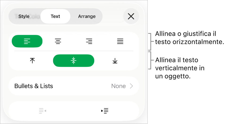 Sezione Layout dell’inspector Formattazione con didascalie per i pulsanti di allineamento e spaziatura del testo.