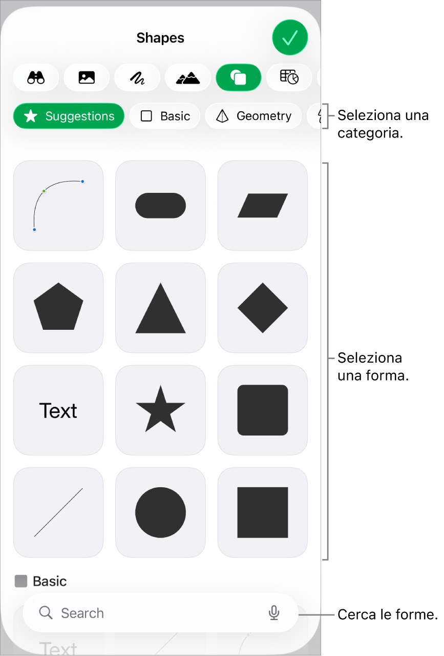 La libreria forme, con le categorie nella parte superiore e le forme visualizzate sotto. Puoi usare il campo di ricerca nella parte superiore per trovare forme e scorrere per visualizzarne di più.