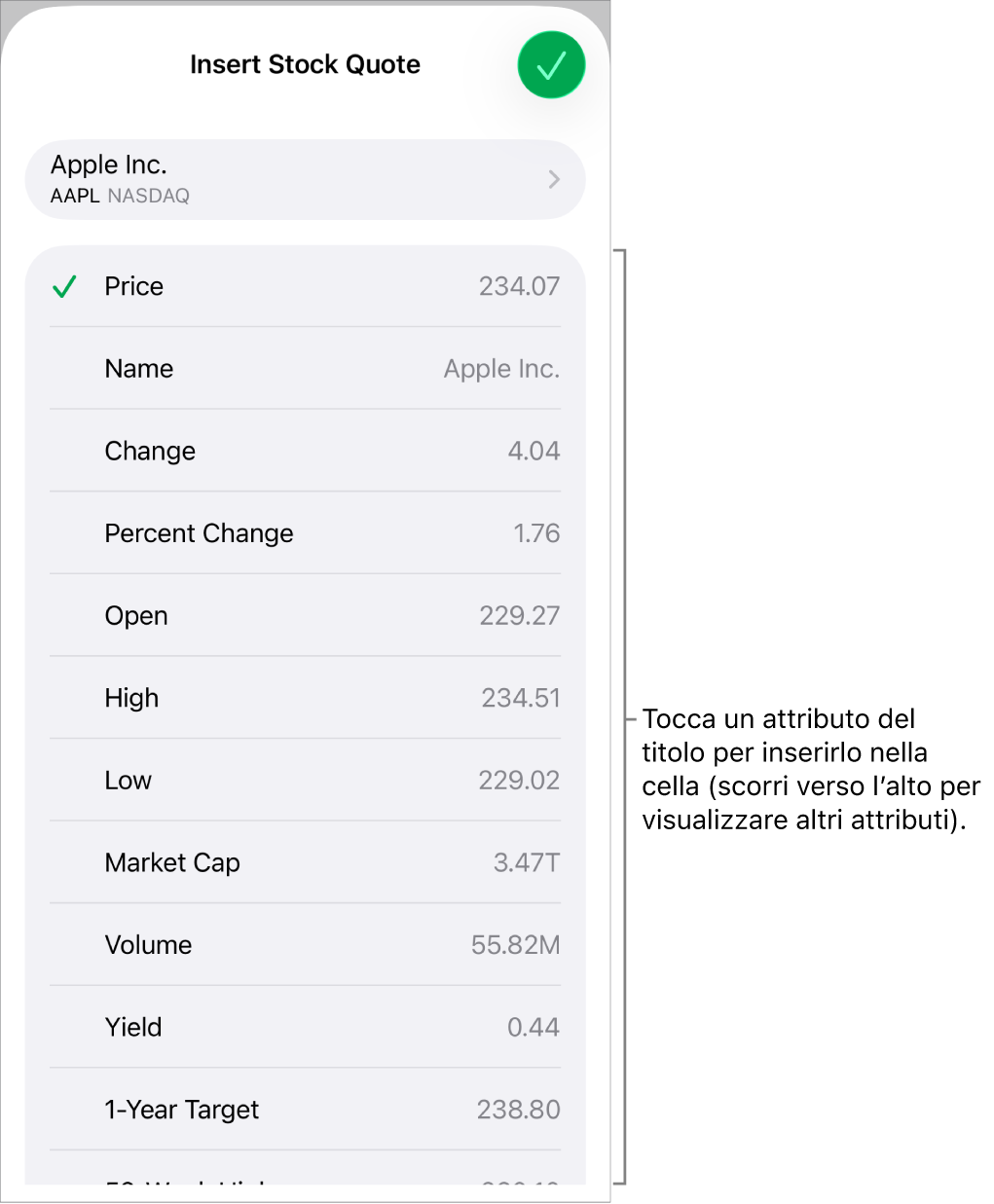 La finestra a comparsa della quotazione azionaria con il nome dell’azione in alto e, sotto, l’elenco degli attributi selezionabili tra cui prezzo, nome, variazione, variazione percentuale e apertura.
