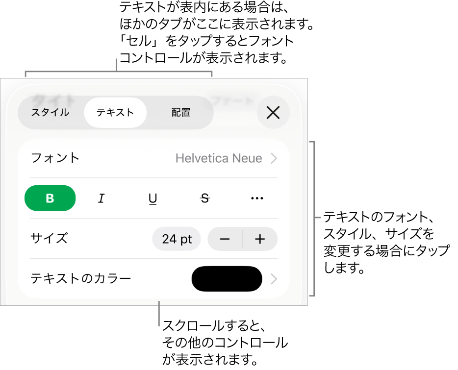 「フォーマット」メニューの、段落と文字のスタイル、フォント、サイズ、色を設定するためのテキストコントロール。