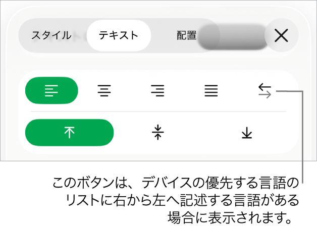 「フォーマット」メニューの「スタイル」セクション。「右から左」ボタンのコールアウトが表示された状態。