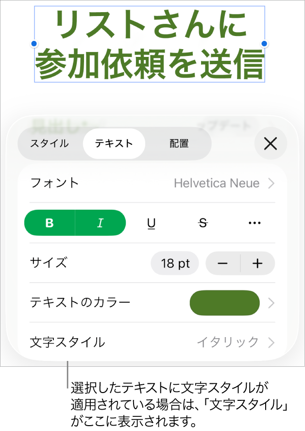 「テキスト」フォーマットコントロール。「カラー」コントロールの下に「文字スタイル」があります。文字スタイル「None」にアスタリスクが付いて表示されています。