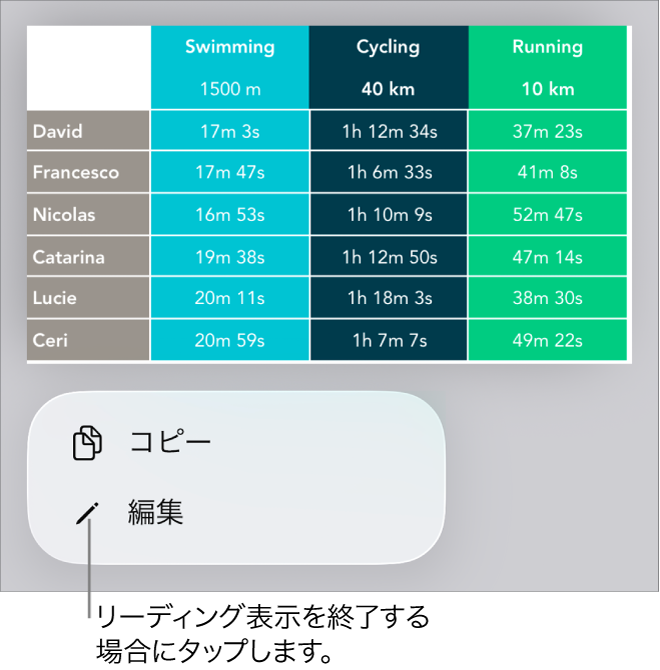 表が選択され、その下のメニューに「コピー」ボタンと「編集」ボタンが表示された状態。