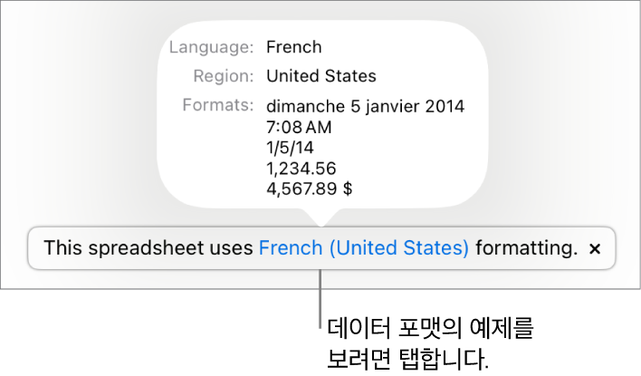 해당 언어 및 지역 포맷의 예제가 표시된 다른 언어 및 지역 설정 알림입니다.