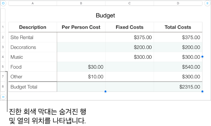 숨겨진 행 및 열의 위치를 나타내는 굵은 회색 막대