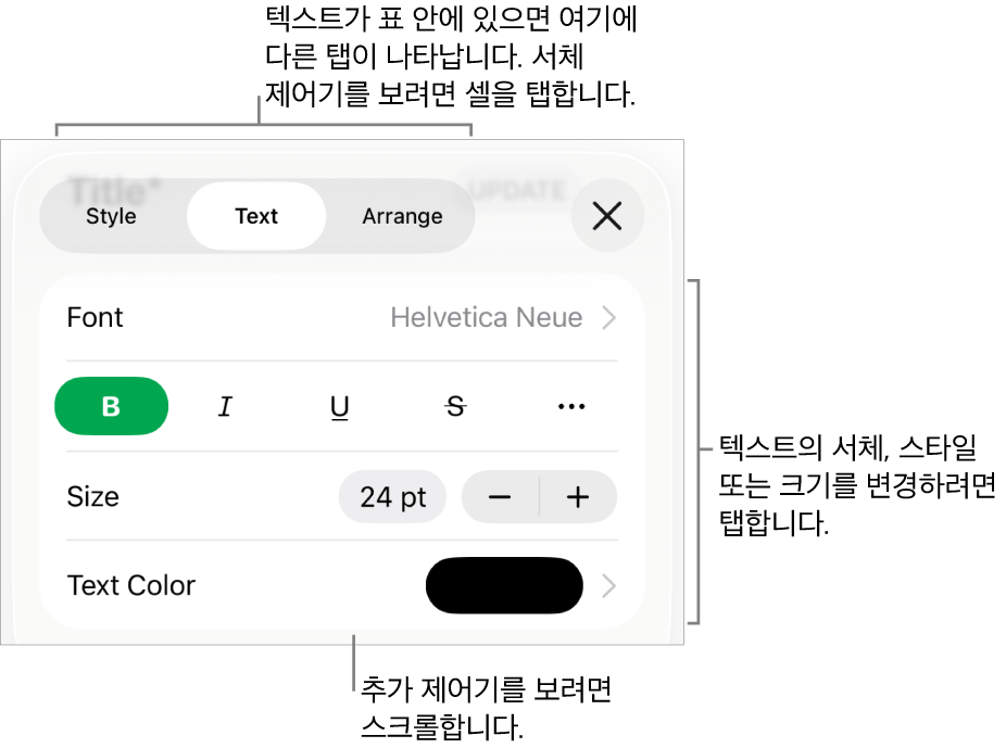 포맷 메뉴에 있는 단락, 문자 스타일, 서체, 크기 및 색상을 설정할 수 있는 텍스트 제어기.