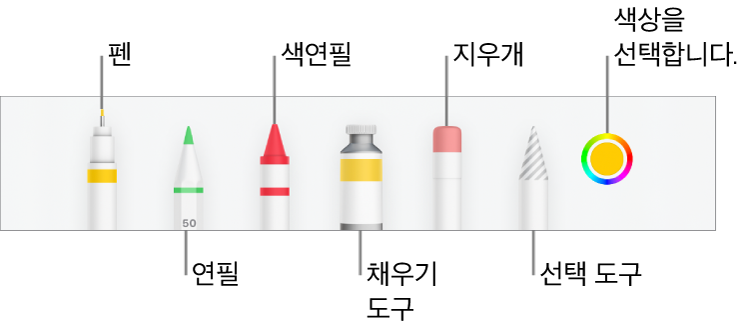 iPhone의 Numbers 그리기 도구 막대에 펜, 연필, 색연필, 채우기 도구, 지우개, 선택 도구 및 현재 색상을 표시하는 색상 저장소가 있음.