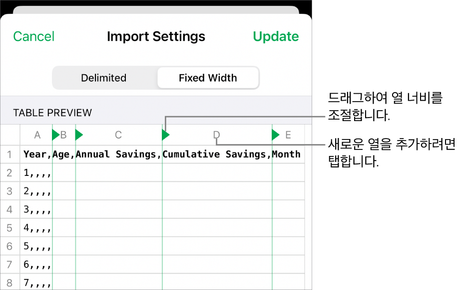 고정폭 텍스트 파일의 가져오기 설정.