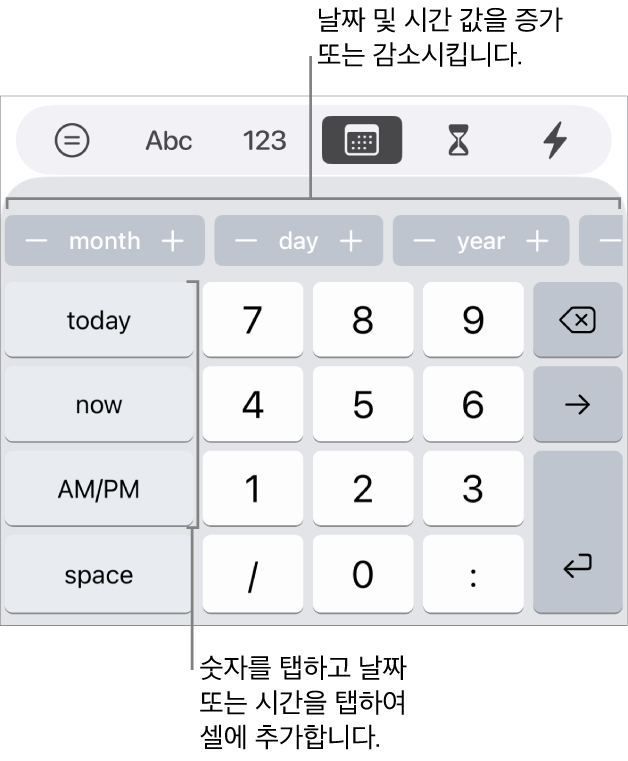 날짜 및 시간 키보드. 상단 근처의 버튼 줄은 시간 단위(월, 일, 년)를 표시하고, 증가시키면 셀에 표시된 값을 변경할 수 있습니다. 왼쪽의 키는 오늘, 지금, 오전/오후를 표시하고, 숫자 키는 키보드 중앙에 표시됩니다.