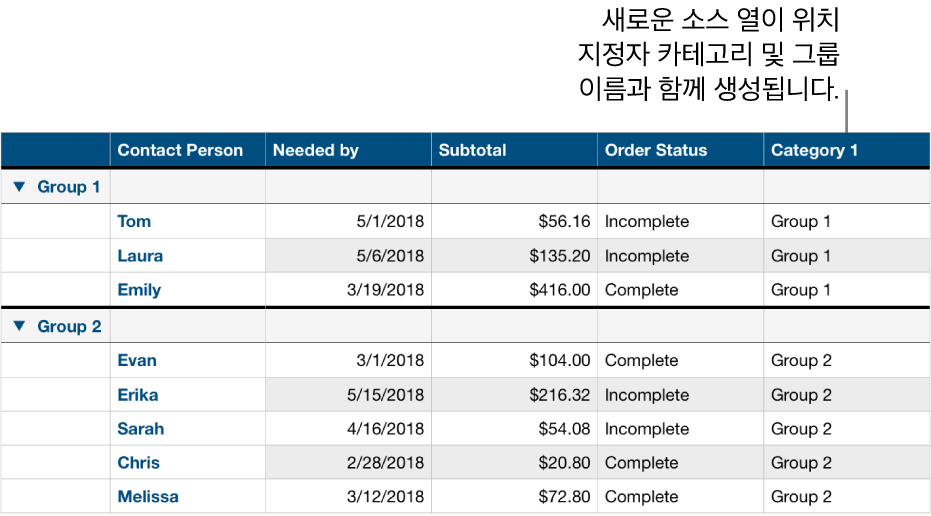 카테고리 및 그룹의 위치 지정자 이름이 있는 분류된 표.