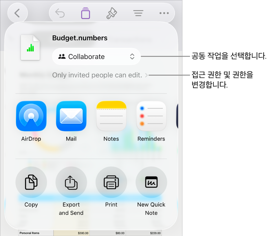 상단에 공동 작업이 선택되어 있는 공유 메뉴가 있고, 그 아래에는 접근 및 권한 설정이 있음.