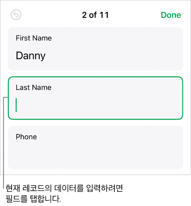 삽입점과 함께 활성화된 필드가 표시된 서식의 레코드.
