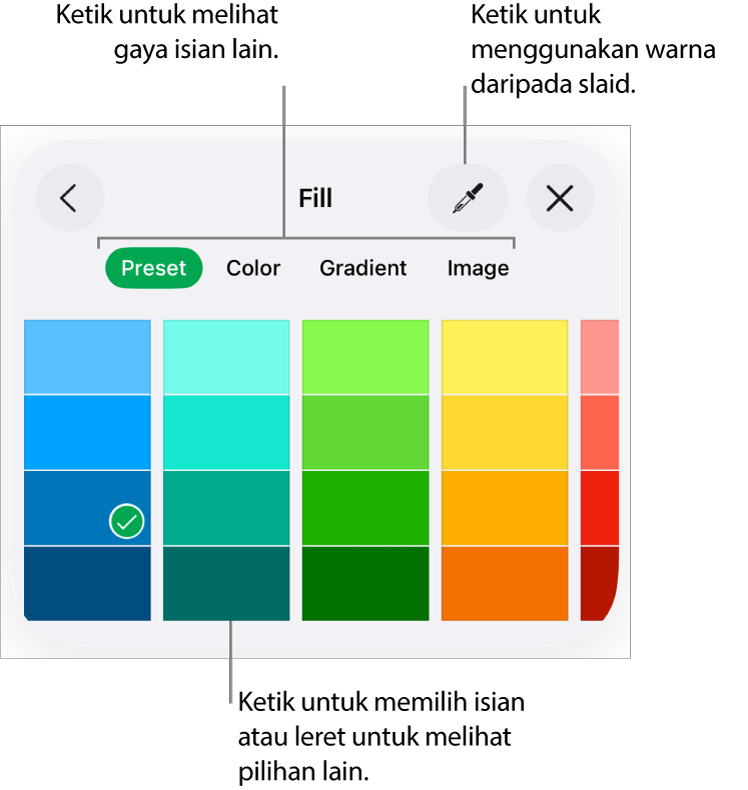 Pilihan Isian dalam anak tetingkap Gaya pada butang Format.
