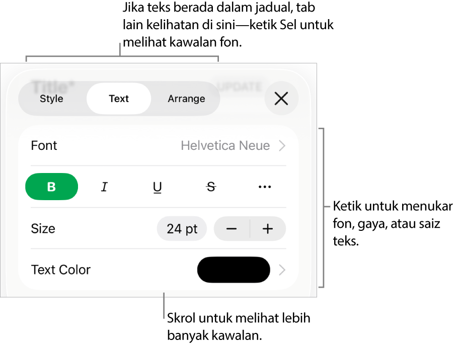 Kawalan teks dalam menu Format untuk mengesetkan perenggan dan gaya, fon, saiz dan warna aksara.