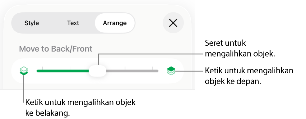 Butang Bergerak Ke Depan, butang Bergerak Ke Belakang dan gelangsar lapisan.