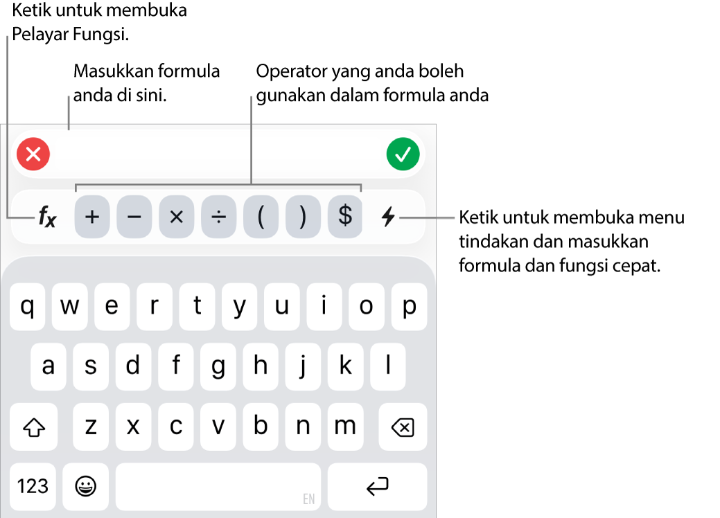 Papan kekunci formula dengan Editor Formula di atasnya dan operator yang digunakan dalam formula di bawahnya. Butang Fungsi untuk membuka Pelayar Fungsi terdapat di sebelah kiri operator manakala butang menu Tindakan di sebelah kanan.