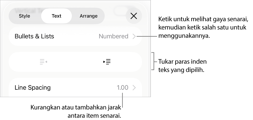 Bahagian Bulet & Senarai daripada kawalan Format dengan petak bual ke Bulet & Senarai, butang outden dan inden serta kawalan jarak baris.