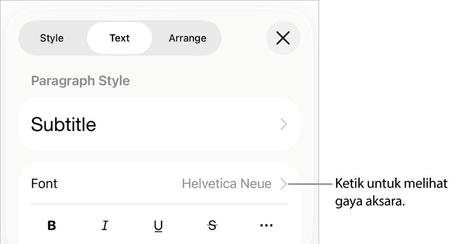 Kawalan Format dengan gaya perenggan di bahagian atas, kemudian kawalan Fon. Di bawah fon ialah butang Tebal, Italik, Garis Bawah, Garis Potong dan Lebih Banyak Pilihan Teks.