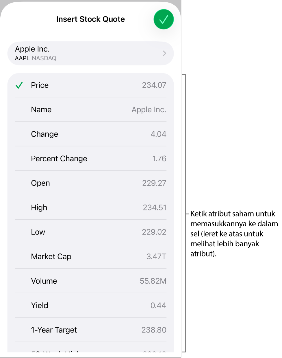Menu timbul harga saham, dengan nama saham di atas dan atribut saham boleh dipilih termasuk harga, nama, pertukaran, pertukaran peratus dan bukaan disenaraikan di bawah.