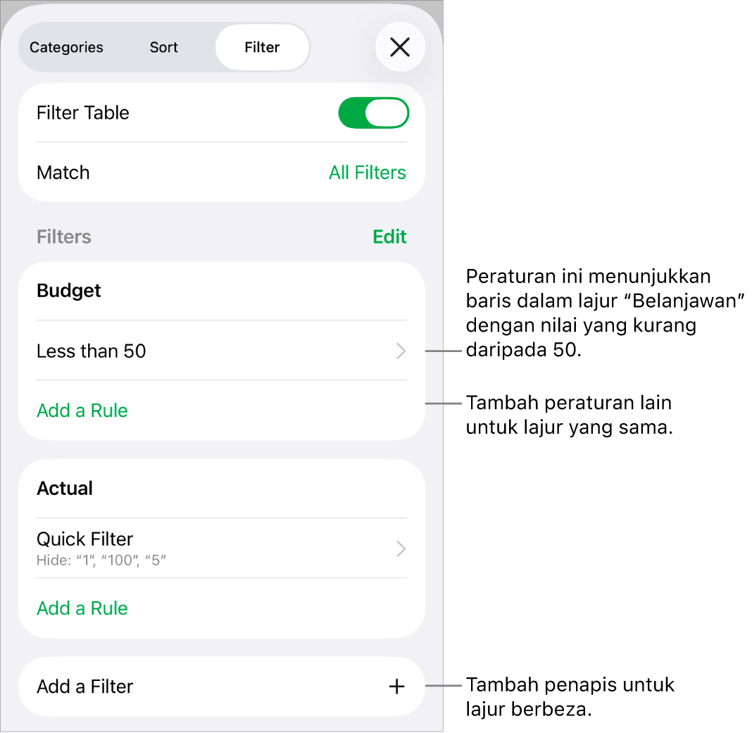 Kawalan untuk menambah peraturan penapisan baharu atau mengedit yang sedia ada.