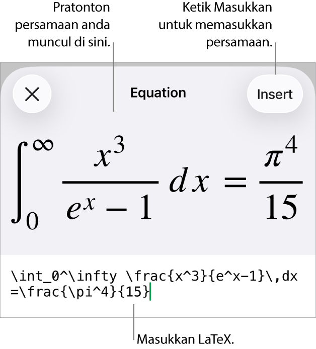 Dialog Persamaan, menunjukkan persamaan yang ditulis menggunakan perintah LaTex manakala pratonton formulanya di atas.