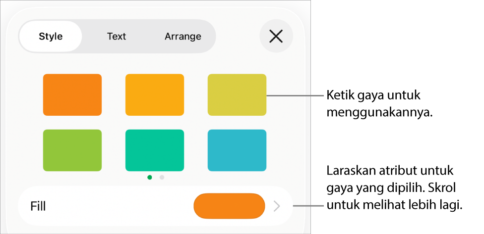 Anak tetingkap Gaya dalam menu Format dengan gaya bentuk bahagian atas dan warna isian di bawahnya.
