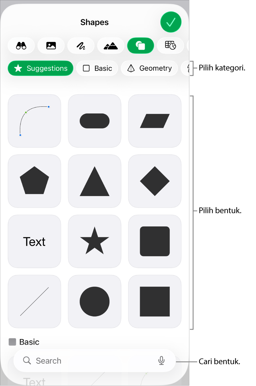 Pustaka bentuk, dengan kategori di bahagian atas dan bentuk dipaparkan di bawah. Anda boleh menggunakan medan carian di bahagian atas untuk mencari bentuk dan leret untuk melihat lebih banyak.