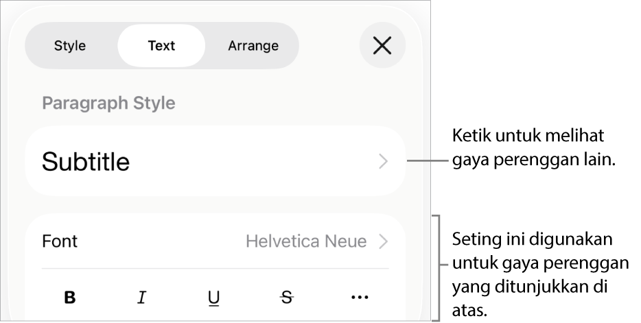 Menu Format menunjukkan kawalan teks untuk mengesetkan perenggan dan gaya, fon, saiz dan warna aksara.