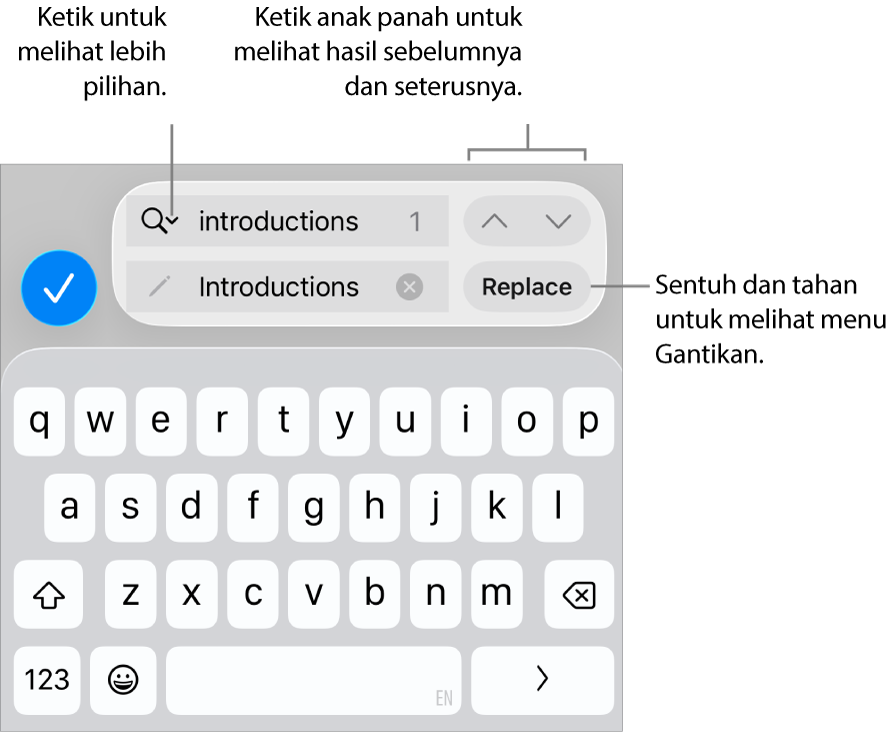 Kawalan Cari & Ganti di atas papan kekunci dengan petak bual ke butang Pilihan Carian, Ganti, Pergi ke Atas dan Pergi ke Bawah.
