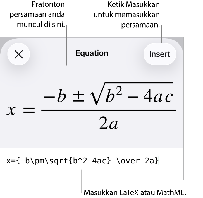 Dialog Persamaan, menunjukkan persamaan yang ditulis menggunakan perintah MathML manakala pratonton formulanya di atas.