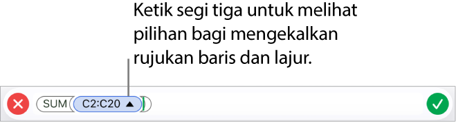 Editor Formula yang menunjukkan cara untuk mengekalkan rujukan baris dan lajur apabila sel disalin atau dipindahkan.