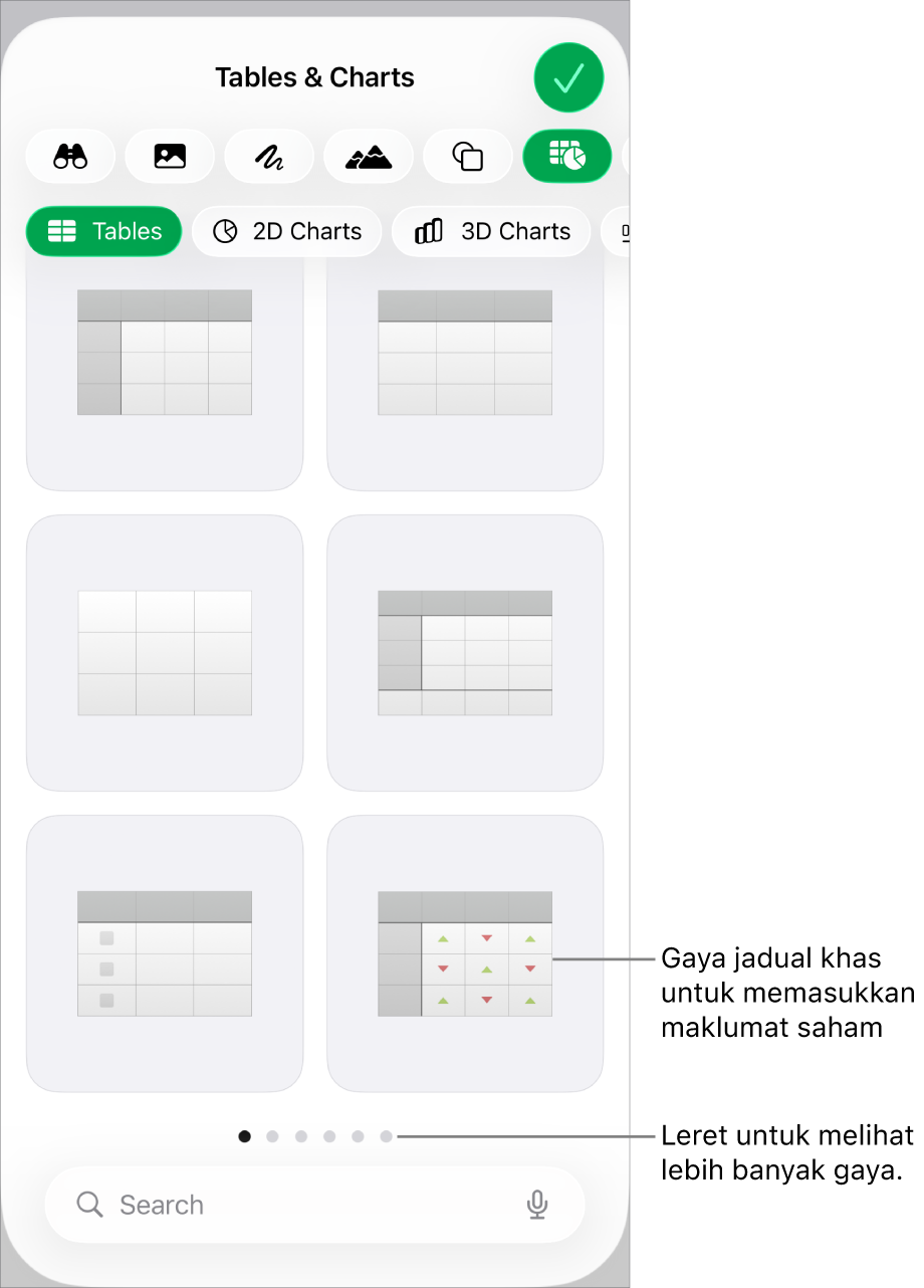 Imej kecil untuk gaya jadual yang tersedia, dengan gaya istimewa untuk memasukkan maklumat saham di penjuru kanan bawah. Enam titik di bawah menunjukkan yang anda boleh leret untuk melihat lebih banyak gaya.