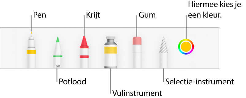 De knoppenbalk voor tekenen in Numbers op de iPhone met een pen, potlood, krijt, vulinstrument, gum en selectie-instrument en een kleurenvak met de huidige kleur.