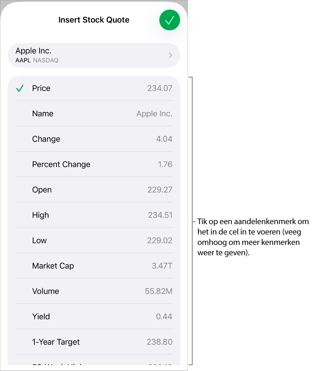 De pop‑over voor de aandelenkoers, met bovenaan de naam van het aandeel, en daaronder de kenmerken die je voor het aandeel kunt selecteren, zoals prijs, naam, wijziging, procentuele wijziging en open.