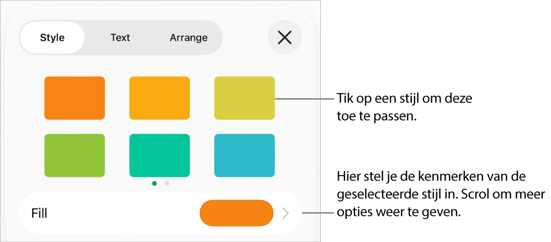 Het tabblad 'Stijl' in het opmaakmenu met bovenaan vormstijlen en eronder een kleurenvak voor de vulling.
