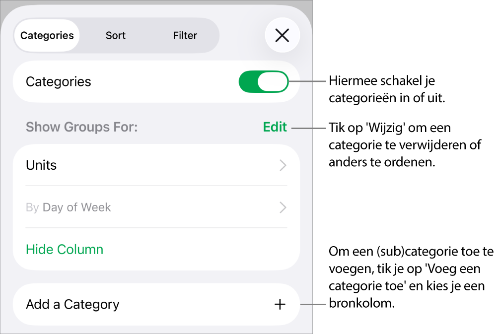 Het menu 'Categorieën' op de iPhone met de volgende opties: categorieën uitschakelen, categorieën verwijderen, gegevens anders groeperen, een bronkolom verbergen en categorieën toevoegen.