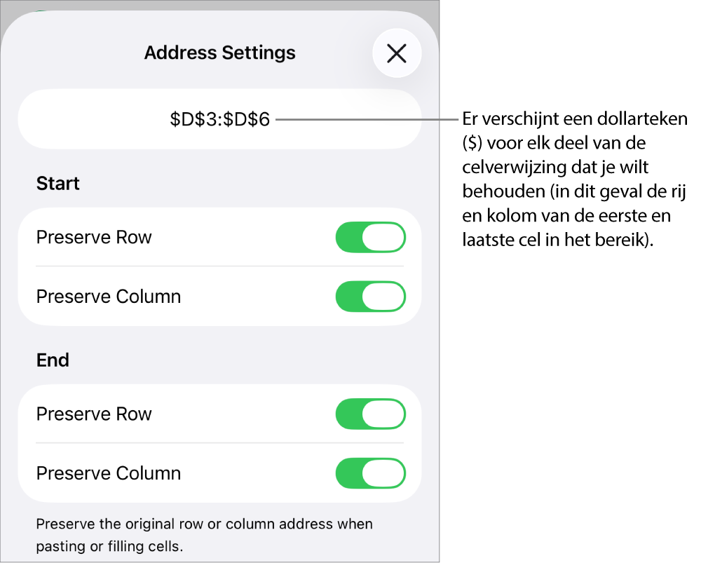 De regelaars waarin je kunt opgeven welke rij- en kolomverwijzingen van een cel behouden moeten blijven als de cel wordt verplaatst of gekopieerd. Er verschijnt een dollarteken voor elk deel van het celbereik dat je wilt behouden.
