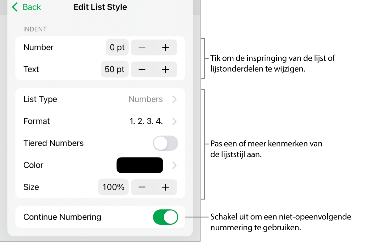 Het menu 'Bewerk lijststijl' met regelaars voor de ruimte van de inspringing, het lijsttype en de notatie, gerangschikte nummers, de kleur en grootte van de lijst, en doornummering.